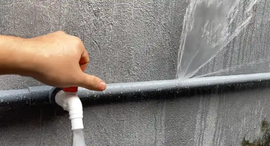 Plumber cutting a pipe in a basement ceiling during burst pipe repair